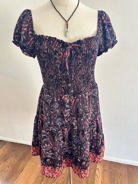 City Studio Black Pink Paisley Smocked Mini Dress Puff Sleeve Boho Dress L